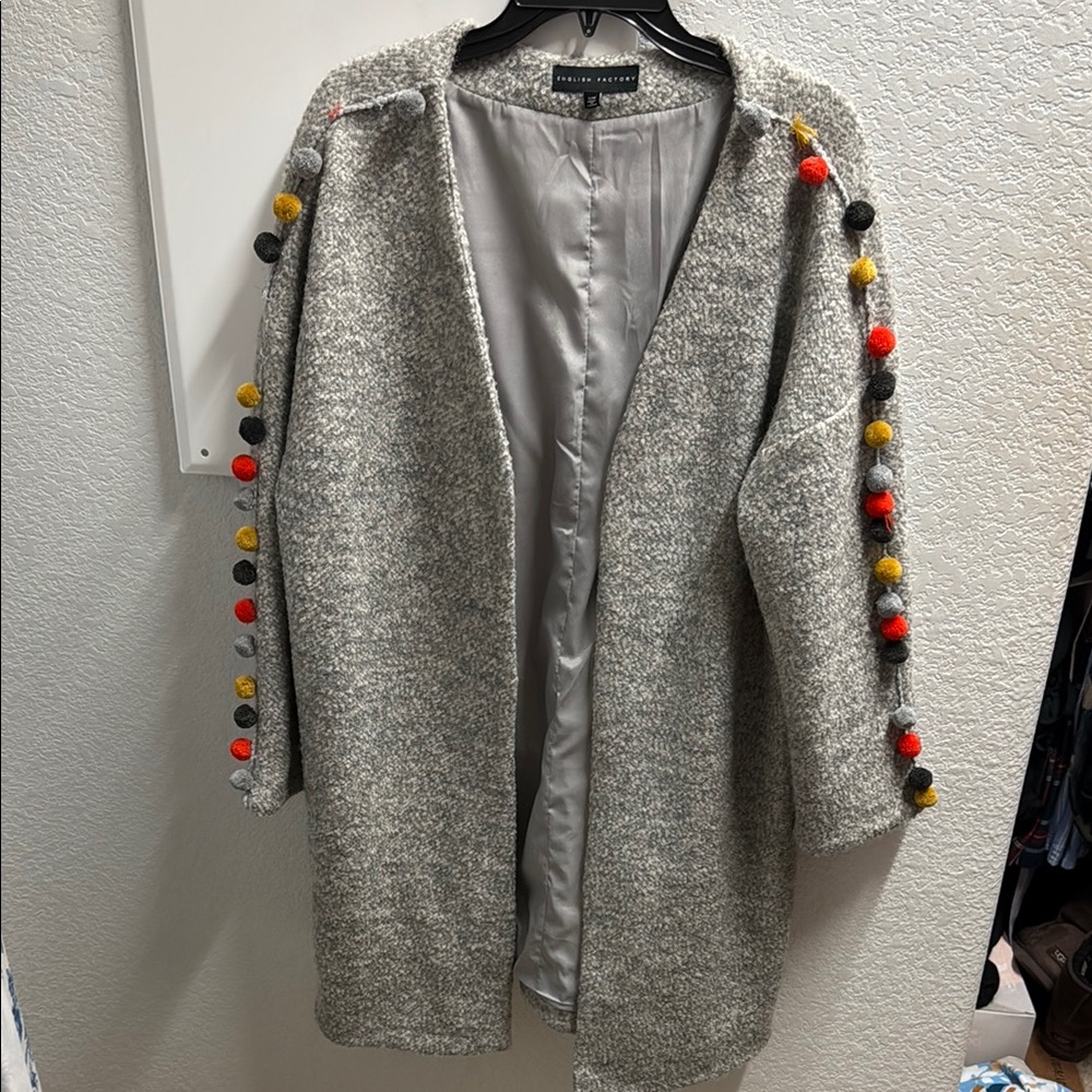 English Factory Gray Sweater with Colorful Pom-Poms